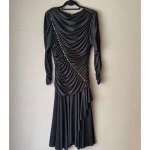 Susan Roseli sz 12 black VINTAGE‎ jewel studded long sleeve midi Dress